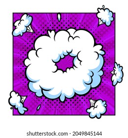 Surprising boom cloud in halftone background for sales and promotions. Purple banner template for surprises and bursting events. Vector illustration in pop art style