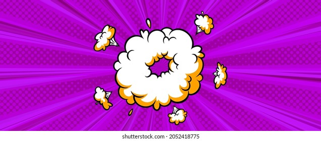Surprising boom cloud in halftone background for sales and promotions. Banner template for surprises and bursting events. Vector illustration in pop art style