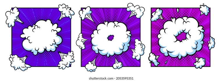 Surprising boom cloud in halftone background for sales and promotions. Purple banner template for surprises and bursting events. Vector illustration in pop art style