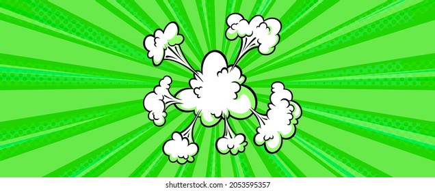 Sorprendente nube de auge en medio tono de fondo para ventas y promociones. Plantilla de banner verde para sorpresas y eventos rebosantes. Ilustración vectorial en estilo de arte pop