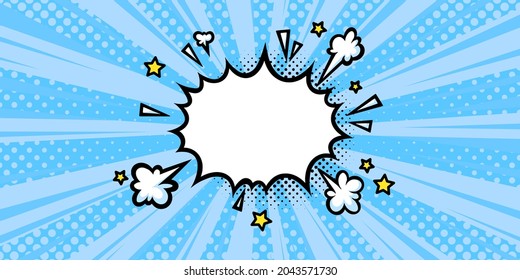 Sorprendente nube de boom con relámpagos en medio tono azul de fondo para ventas y promociones. Plantilla de banner para sorpresas y eventos de explosión. Ilustración vectorial en estilo de arte pop