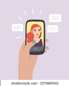 Surprising chat on video call. Long distance friendship. Hand holding smartphone with beautiful woman on screen and speech bubbles. Flat style, vector illustration.