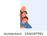 Surprising discovery, peeking concept. Amazed friends spying and hiding behind wall, young woman and men looking shocked, astonishment facial expression, human curiosity. Simple flat vector