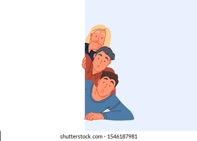 Surprising discovery, peeking concept. Amazed friends spying and hiding behind wall, young woman and men looking shocked, astonishment facial expression, human curiosity. Simple flat vector