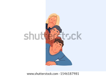 Surprising discovery, peeking concept. Amazed friends spying and hiding behind wall, young woman and men looking shocked, astonishment facial expression, human curiosity. Simple flat vector