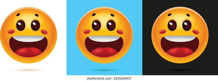 A surprising face emoji in  eyes and rosy cheeks and in multiple colors backgrounds - emotion showing sad face, glossy effect, emojis vector illustration