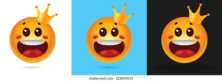 A surprising face emoji with smiling eyes and rosy cheeks and crown on his head in multiple colors backgrounds - emotion showing surprise with smile on face, vector illustration.