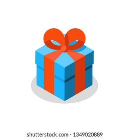 Surprising gift, blue box, red ribbon, present giveaway, special prize, happy birthday congratulation concept, three gift boxes, small medium and big, vector icon, flat illustration