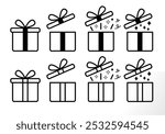 Surprising gift box or present box icon set (solid black fill). vector gift wrapping symbol for mockup instruction. surprise, parcel, reward, winning, award, opening, unboxing etc concept.	