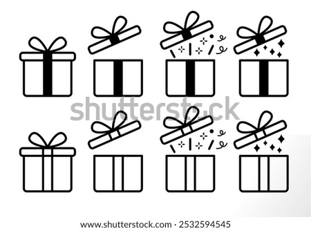 Surprising gift box or present box icon set (solid black fill). vector gift wrapping symbol for mockup instruction. surprise, parcel, reward, winning, award, opening, unboxing etc concept.	