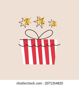 Surprising gift box with present and stars for special celebration or birthday party. Festive package, wrapping with bow, ribbon. Gift shop, online store. Flat vector cartoon illustration for card