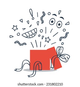 Surprising gift, opened box, celebration event, happy birthday, vector illustration, flat icon
