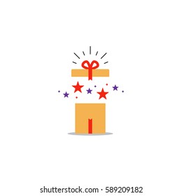 Surprising gift, opened present box, unusual experience, special celebration, birthday party, vector flat illustration