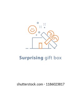 Surprising gift, prize give away, emotional present, fun experience, gift idea concept, line icon, vector illustration