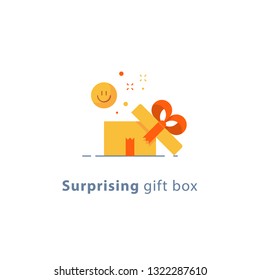 Surprising gift, prize give away, emotional present, fun experience, gift idea concept, flat design icon, vector illustration