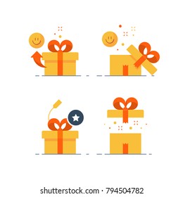 Surprising gift set, prize give away, emotional present, fun experience, unusual gift idea concept, opened yellow box with red ribbon, flat design icon vector illustration