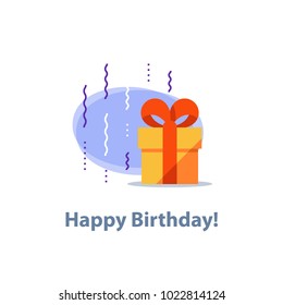 Surprising gift, yellow box, red ribbon, present giveaway, receiving special prize, happy birthday congratulation concept, event idea, fun celebration, confetti falling, vector icon, flat illustration