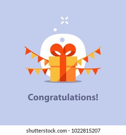 Surprising gift, yellow box, red ribbon, present giveaway, receiving special prize, happy birthday congratulation concept, event idea, fun celebration, triangle garland, vector icon, flat illustration