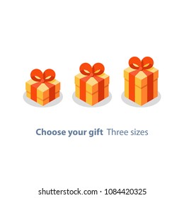 Surprising gift, yellow box, red ribbon, present giveaway, special prize, happy birthday congratulation concept, three gift boxes, small medium and big, vector icon, flat illustration