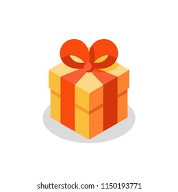 Surprising gift, yellow box, red ribbon, present giveaway, special prize, happy birthday congratulation concept, three gift boxes, small medium and big, vector icon, flat illustration