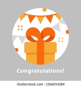 Surprising gift, yellow box, red ribbon, present giveaway, special prize, happy birthday party, congratulation concept, falling confetti and triangle garland, vector icon, flat illustration