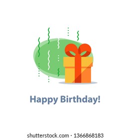 Überraschendes Geschenk, gelbe Box, rotes Band, Geschenk, Sonderpreis erhalten, Glückwunsch zum Geburtstag, Idee der Veranstaltung, lustiges Feiern, herabfallende Konfetti, Vektorillustration Icon, flache Illustration
