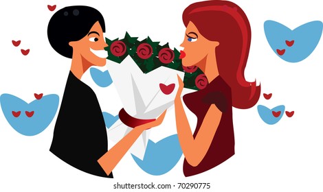 Surprising her with gift man with flowers