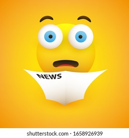 Surprising, Horrible News - Emoticon with Pop Out Eyes Reads a Newspaper - Vector Design