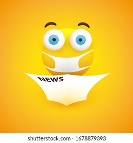 Surprising, Horrible News - Emoticon with Pop Out Eyes and Medical Mask Reads a Newspaper - Vector Design