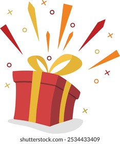 Caja de regalo roja sorprendente, celebración de cumpleaños, paquete de regalo especial, regalo del programa de lealtad, regalo increíble con signo de exclamación, icono de Vector, ilustración plana