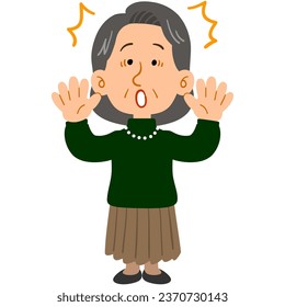 Surprising senior woman wearing a green sweater, full body