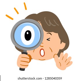 Surprising woman looking through the magnifying glass Middle aged face Facial expression
