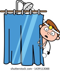 Surprisingly Watching Outside While Taking a Shower - Professional Cartoon Doctor Vector Illustration