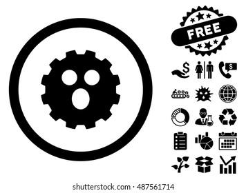 Surprized Gear Smiley icon with free bonus clip art. Vector illustration style is flat iconic symbols, black color, white background.