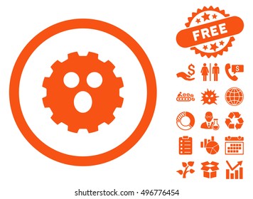 Surprized Gear Smiley icon with free bonus clip art. Vector illustration style is flat iconic symbols, orange color, white background.