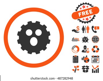 Surprized Gear Smiley pictograph with free bonus elements. Vector illustration style is flat iconic bicolor symbols, orange and gray colors, white background.