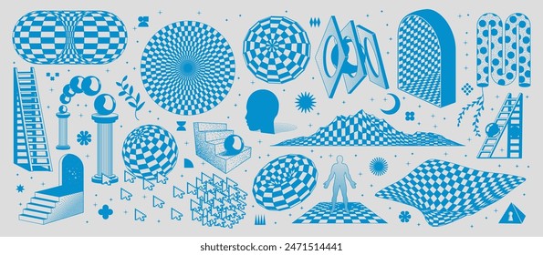 Surreal abstract 3D checker graphic. Geometric shapes, black and white squares. Mystical elements with a noise effect. Vector set