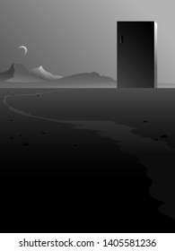 surreal abstract building in minimal landscape, black and white vector