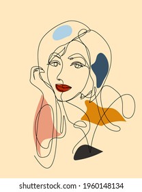 Surreal abstract drawing of face and hairstyle one continuous line and colored spots, fashion concept, minimalist female beauty, vector illustration isolated on white background