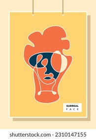 Surreal abstract face poster design. Human head drawing in abstract lines style background template.