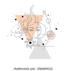 Surreal abstract female face with moon, sun and planets, and geometric shapes and lines on a white background.Drawn in trending contour style, art line.Vector illustration