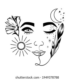 Surreal abstract female face symbol of day and night. Sun, moon, flowers, stars. Modern line drawing graphics. Simple Sketch for Tattoo Poster Print T-shirt Fashion Print Wall Art Bag