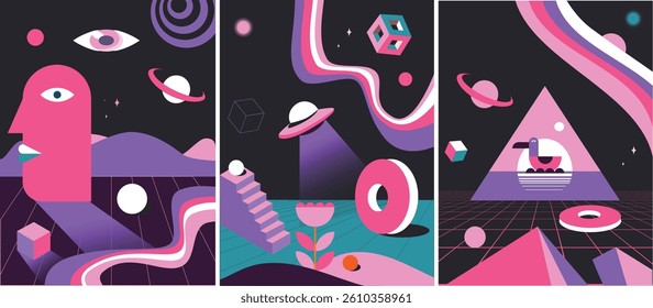 A surreal and abstract flat vector illustration featuring a retro-futuristic landscape with neon colors, geometric shapes, planets, and conceptual elements. Ideal for posters, web design and album art