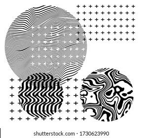 Composición geométrica abstracta surrealista con círculos y cruces sobre fondo blanco. Plantilla de diseño de afiches o portadas.