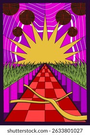 Surreal abstract illustration with a red checkered pathway, glowing yellow sunburst, floating dark spheres, and vibrant purple and green background in a geometric landscape style.
