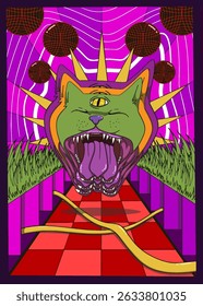 Surreal abstract illustration with a red checkered path, glowing sunburst, floating dark spheres, and a mystical cat head in the center, set in a vibrant geometric landscape.