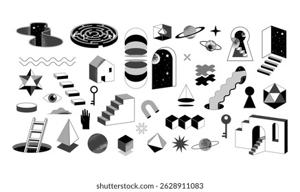 Surreal abstract illustrations collection. Black and white psychedelic geometric elements, retro illusion art icons, staircases, portals, and 3d monochrome shapes. Modern vector icons set for poster