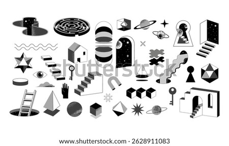 Surreal abstract illustrations collection. Black and white psychedelic geometric elements, retro illusion art icons, staircases, portals, and 3d monochrome shapes. Modern vector icons set for poster