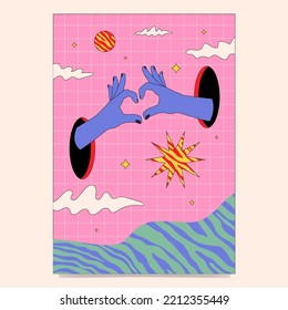 Surreales abstraktes Poster mit Händen, die in einer Herzgeste ausgreifen. Texturierte Hippie-Collage, Metapher der Kommunikation und Suche nach neuen Bedeutungen.
