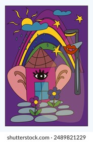 Surreal abstract poster. Psychedelic poster, flyer, cover. Psychedelic rainbow, house with eyes and ears, flowers. Bright vector illustration